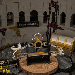Savage Lynel Bow replica — displayed on the small stand.