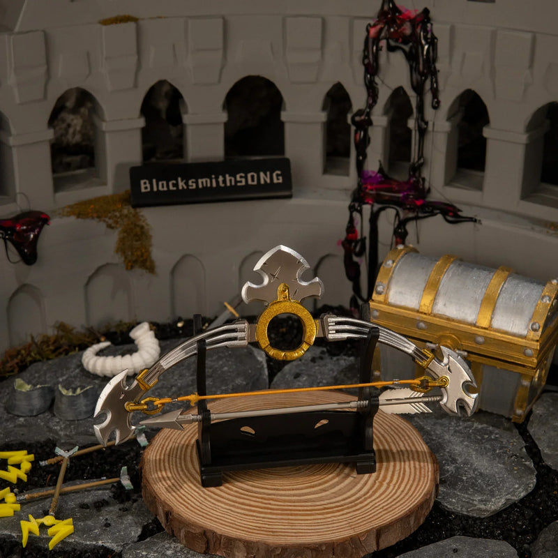 Savage Lynel Bow replica — displayed on the small stand.