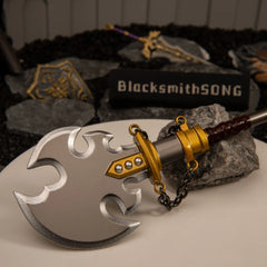 Savage Lynel Spear replica — crescent blade head and gold collar detail close-up.