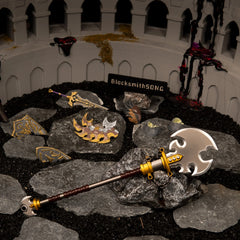 Savage Lynel Spear replica (21cm die-cast zinc alloy spear) — resting across a corrupted stone arena diorama beside shattered heraldic debris, by BlacksmithSONG.