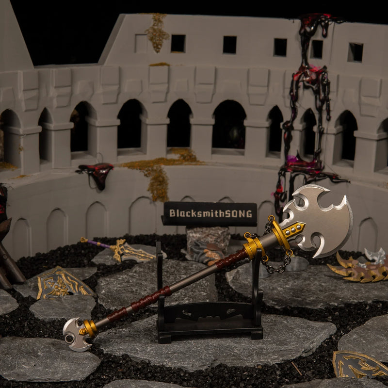 Savage Lynel Spear replica — displayed on the small stand.