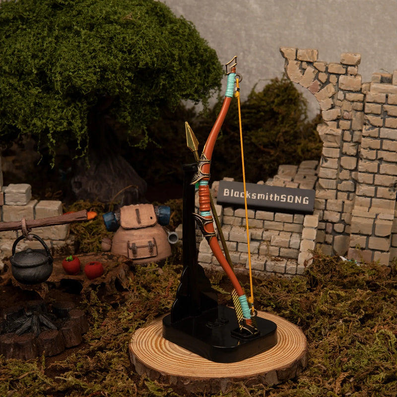 Traveler's Bow replica — displayed upright on the vertical stand.