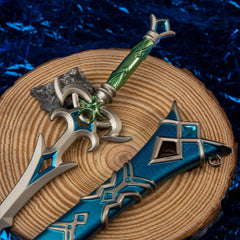 Zora Sword replica — blade and custom scabbard laid on a wood display base.