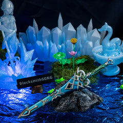Zora Sword replica — second angle in the frozen tide-shrine diorama, crystal spires in the background.