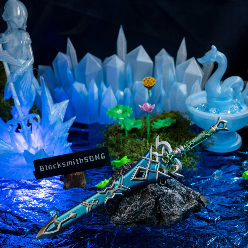 Zora Sword replica — second angle in the frozen tide-shrine diorama, crystal spires in the background.