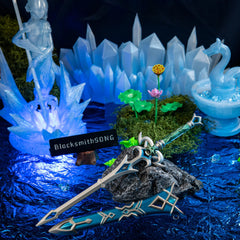 Zora Sword replica (21cm die-cast zinc alloy sword) — resting on a rock in the frozen tide-shrine set, by BlacksmithSONG.
