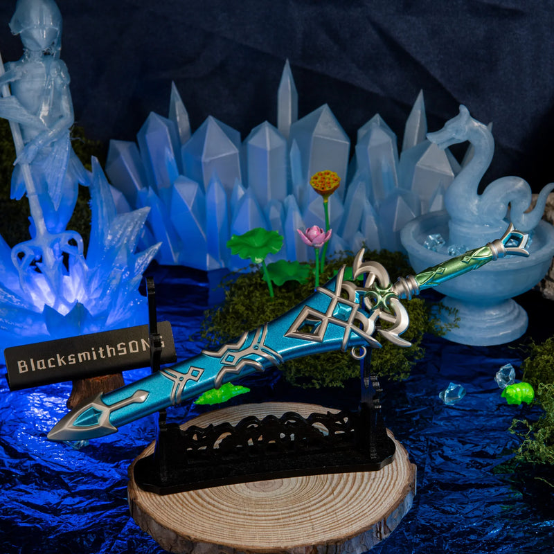 Zora Sword replica — displayed on the large stand.