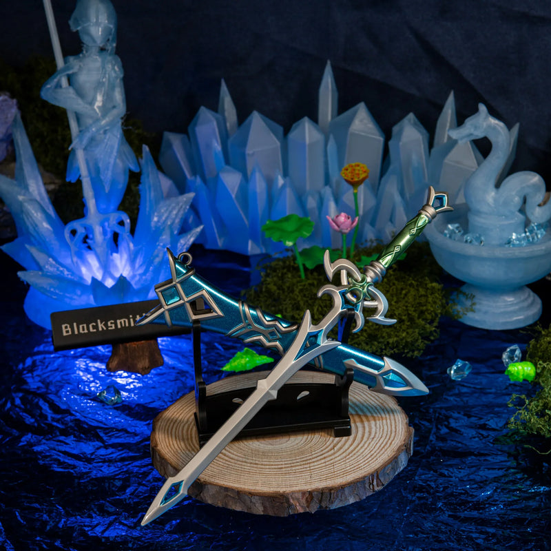 Zora Sword replica — small stand display, alternate angle in the diorama.